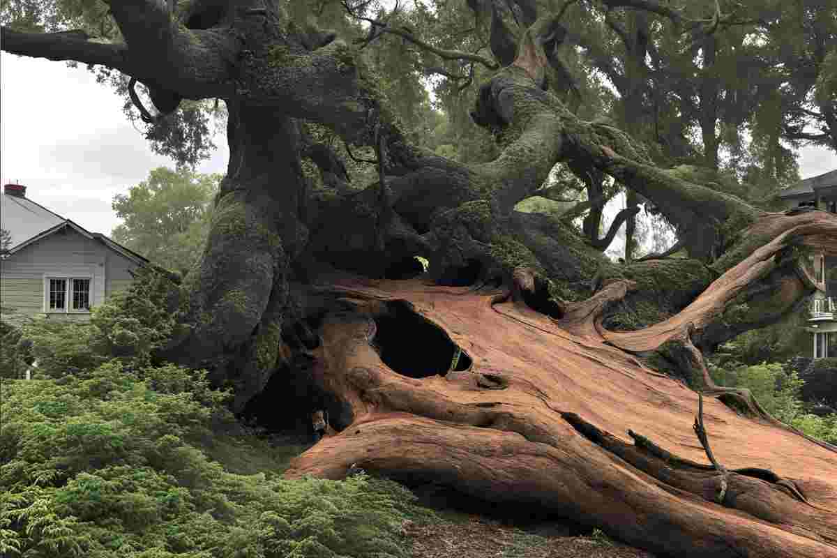 albero caduto e dietro una casa