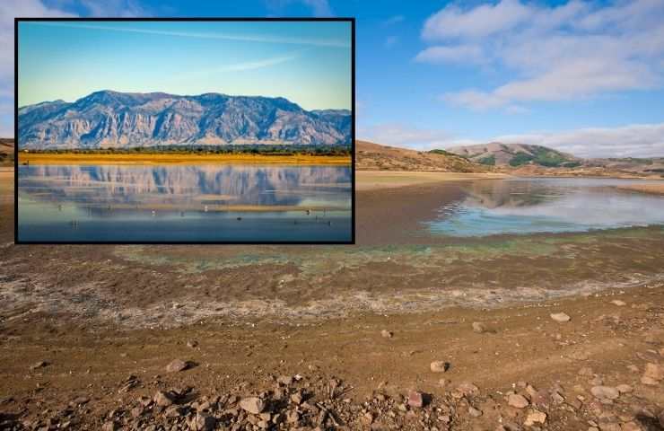 Il lago ritirato e in secca