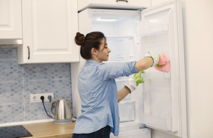 ragazza pulisce il frigo