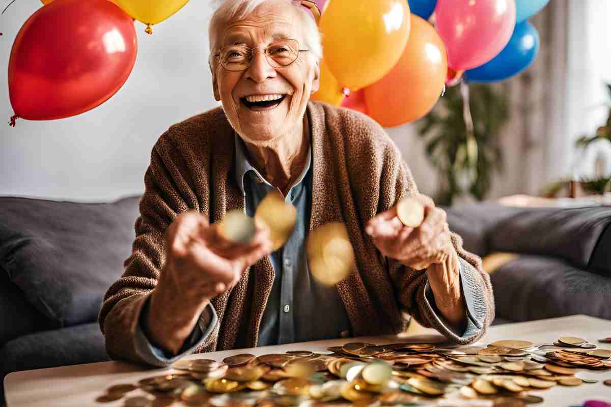 Pensionato sorridente con davanti diversi soldi spicci e dietro dei palloncini